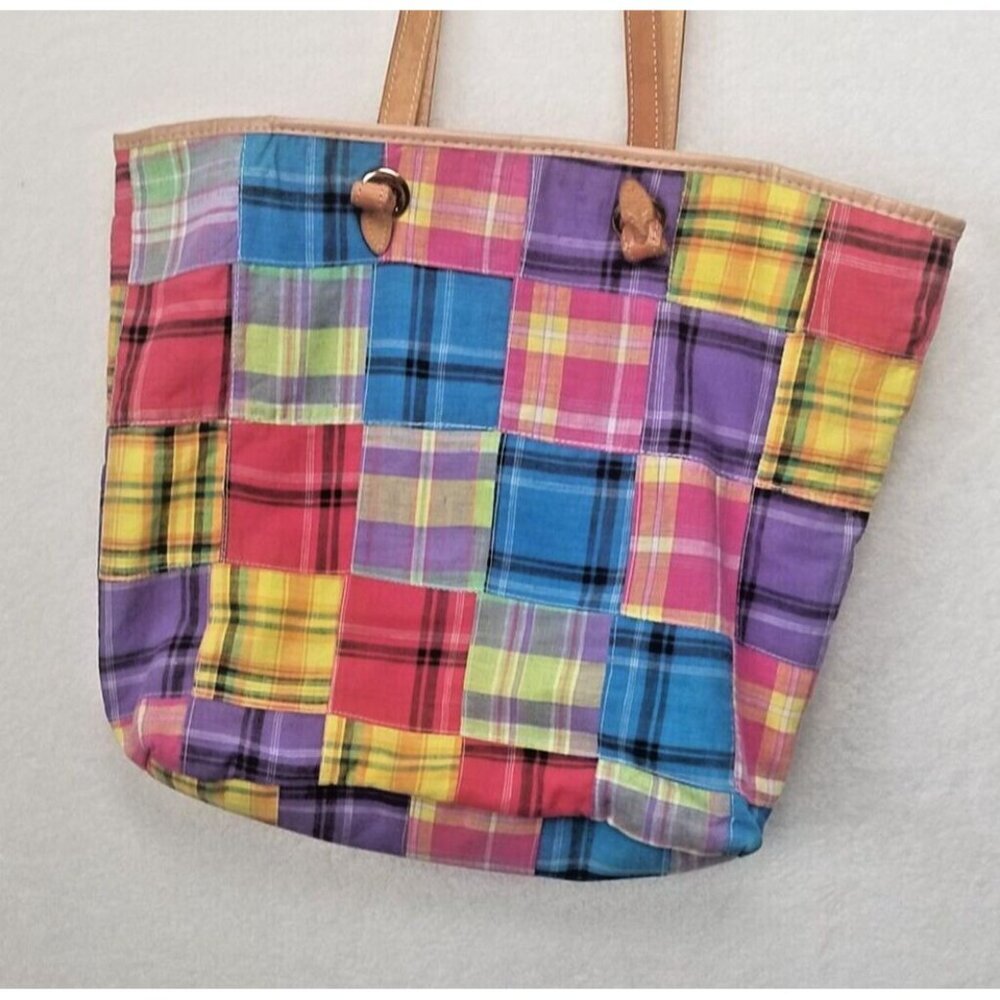 TALBOTS Quilted multicolored Plaid large Shoulder Tote Bag Pockets leather strap